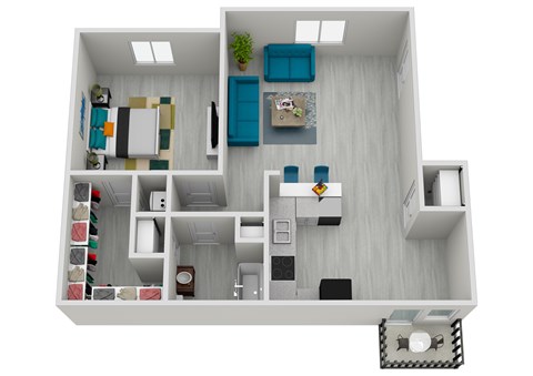 A top-down view of a small apartment with a kitchen, living room, and bathroom.